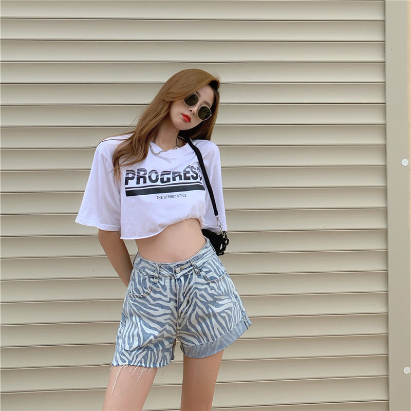 Jeans Women\'S High Waisted Slim Loose Straight Shorts Summer Zebra Grain Slim Wide Leg Pants