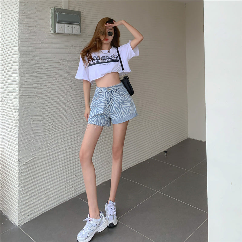Jeans Women\'S High Waisted Slim Loose Straight Shorts Summer Zebra Grain Slim Wide Leg Pants