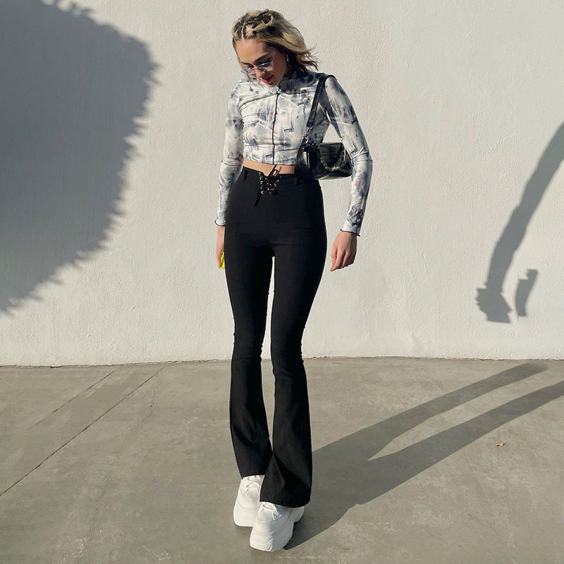 Black Straight Tribute Bandage Waist Slim Slim Pants Women'S High-Waist Legging Trousers