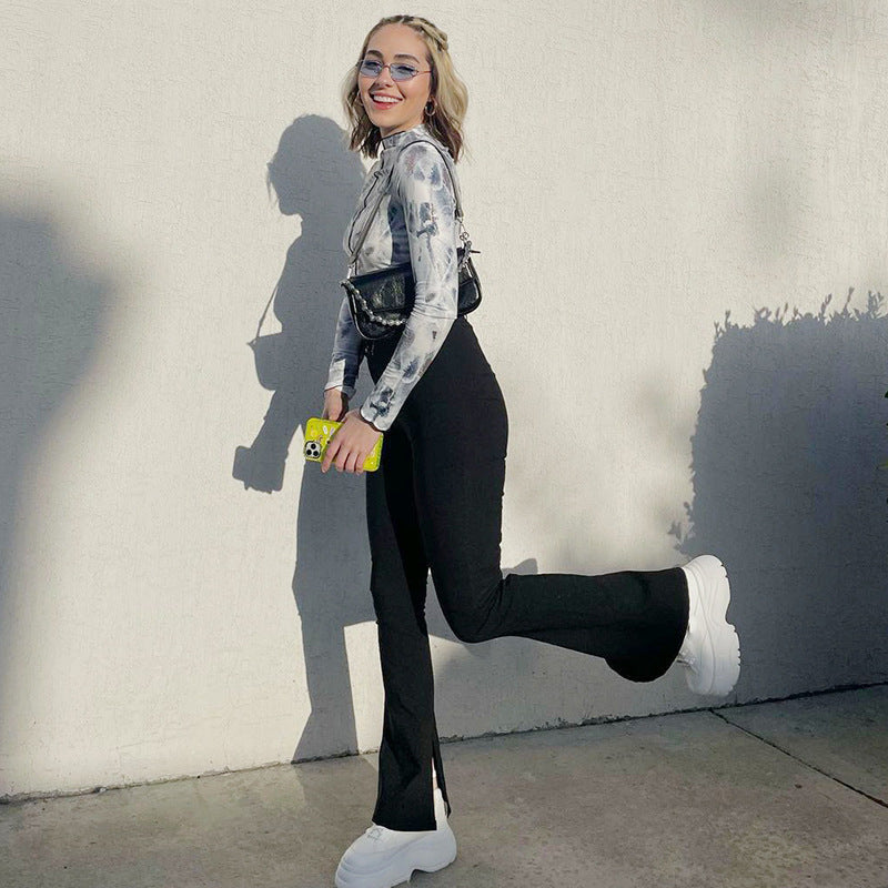 Black Straight Tribute Bandage Waist Slim Slim Pants Women'S High-Waist Legging Trousers
