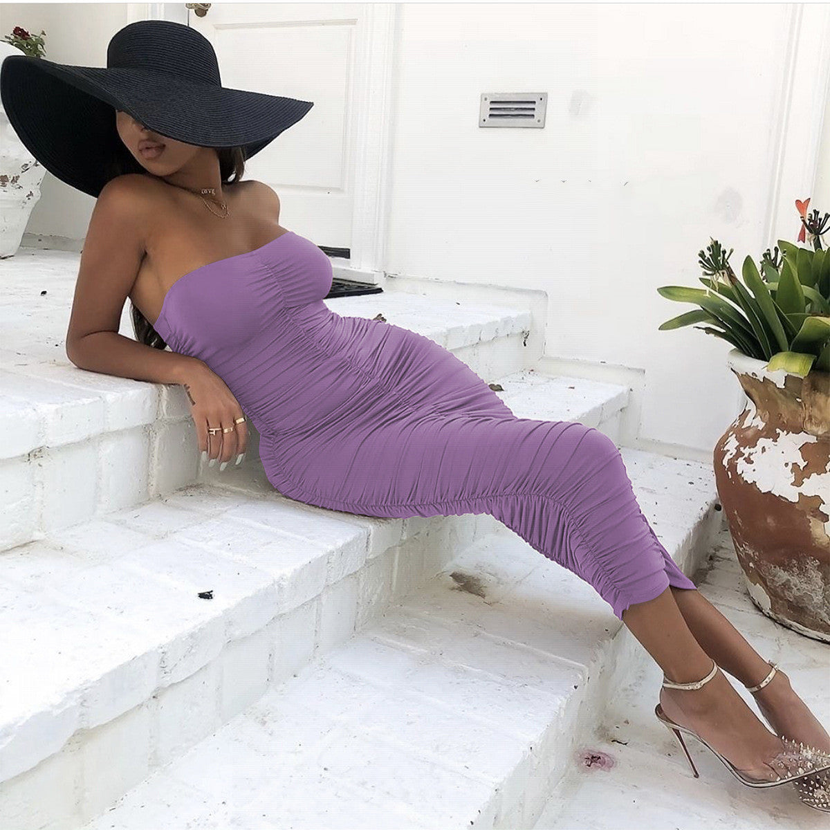 Fashion Solid Color Long Tube Top Pleated Dress