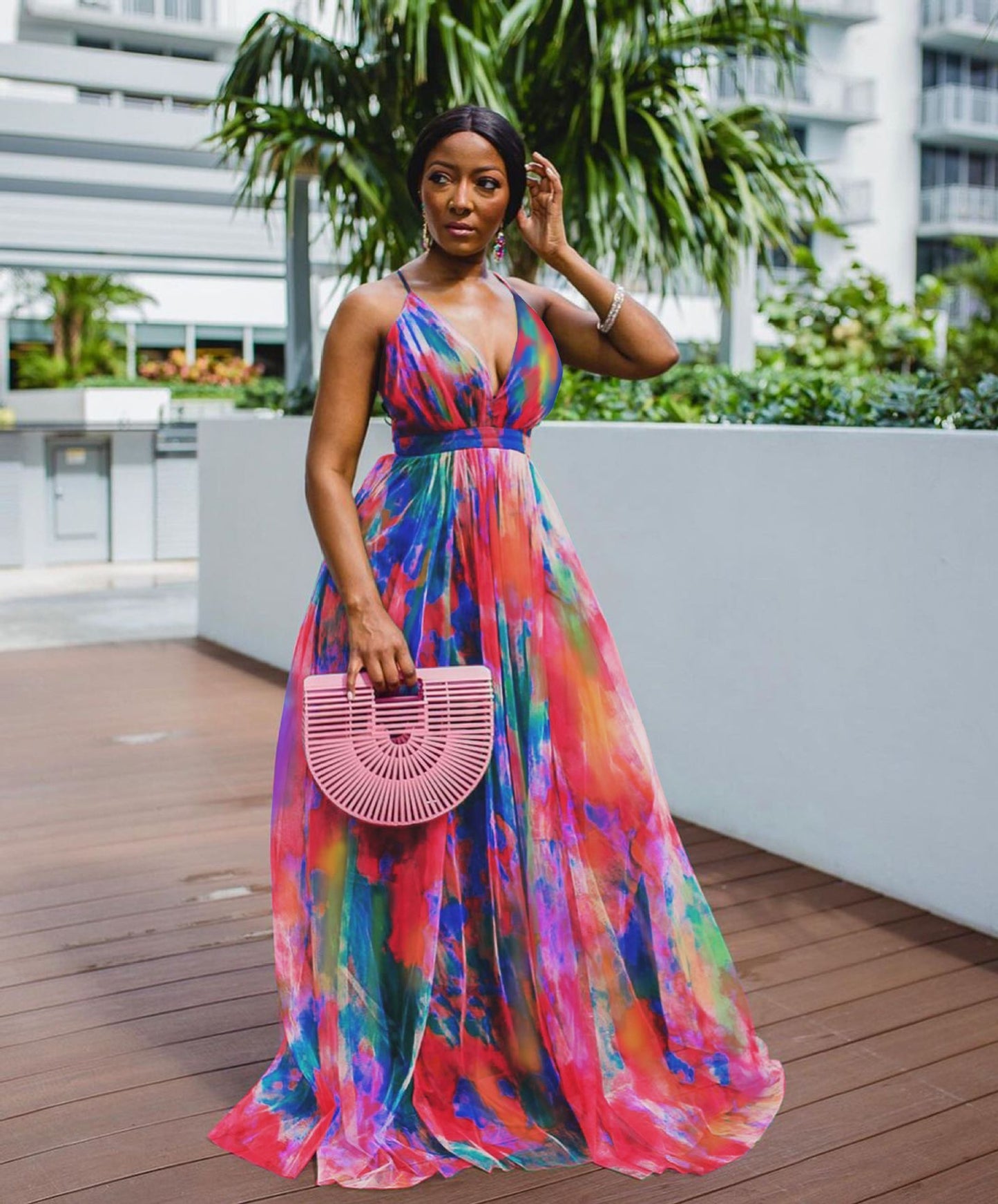 Women's New Women's Printed Dress Explosive Sexy Deep V Dress Long Skirt