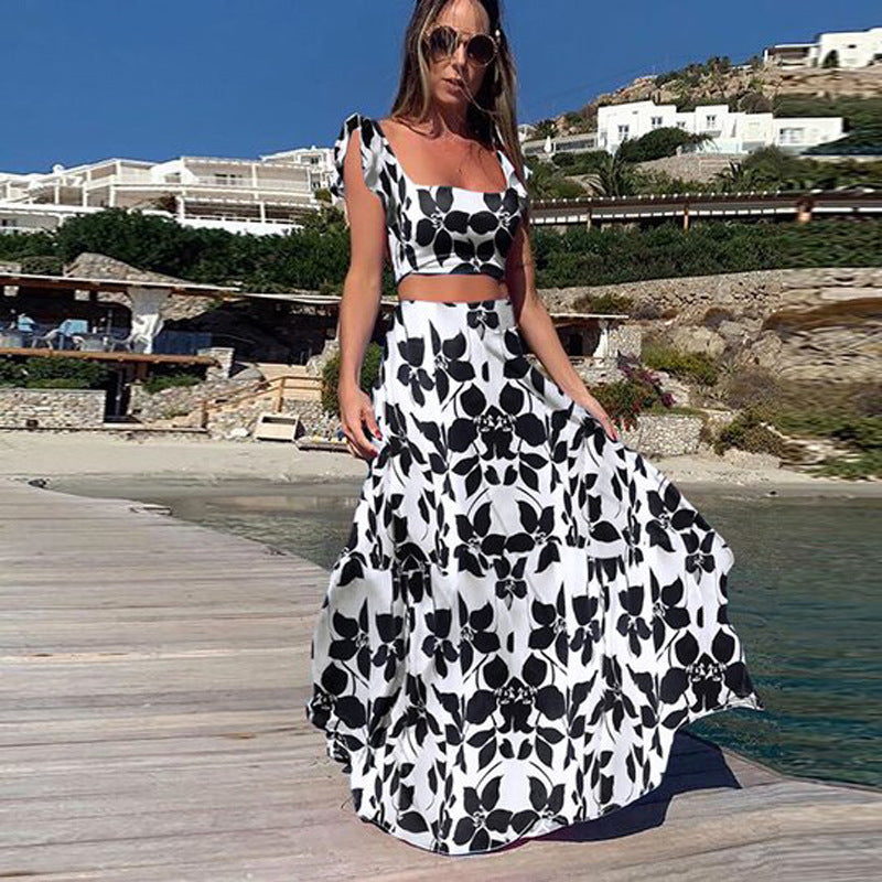Women's New Women's Printed Dress Explosive Sexy Deep V Dress Long Skirt