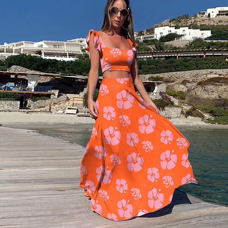 Women's New Women's Printed Dress Explosive Sexy Deep V Dress Long Skirt
