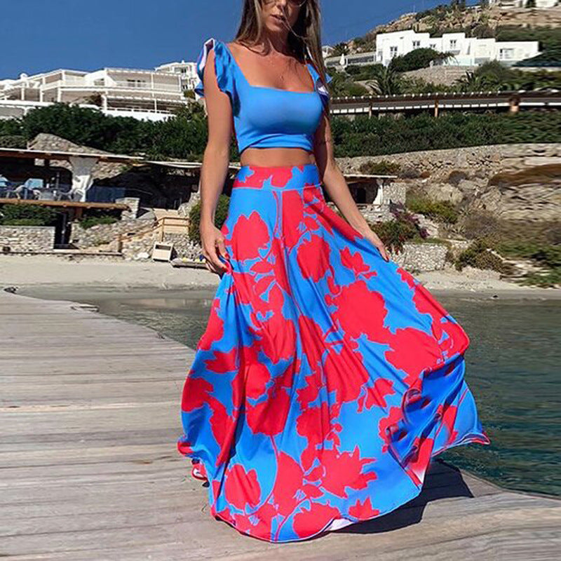 Women's New Women's Printed Dress Explosive Sexy Deep V Dress Long Skirt