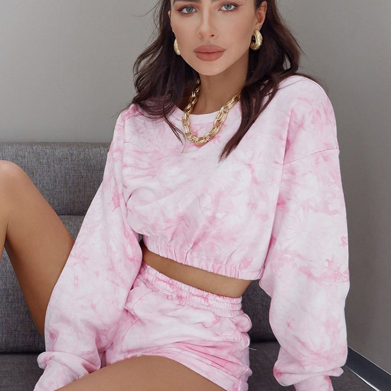 Round Neck Long Sleeve Crop Top Waist Rope Shorts Fashion Tie Dye Printed Casual Set Autumn Clothes