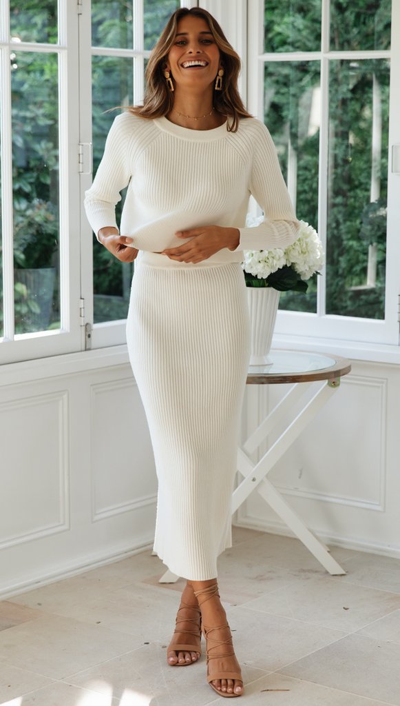 Women's 2 Piece Sweater Outfit Sets Long Sleeve Knit Top And Bodycon Slit Midi Skirt Dress