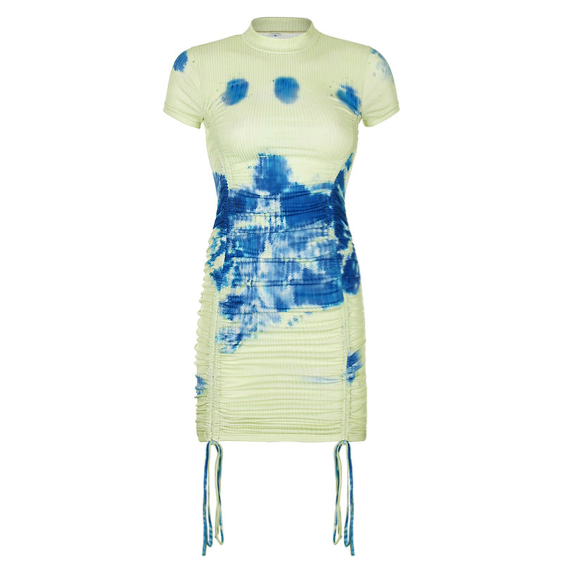 Tie-dye printed drawstring dress skirt