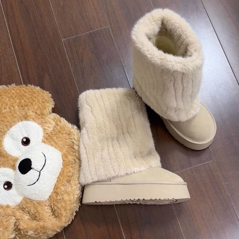 Plush Cute Cream Short Warm Fur Boots Winter Sleeve Platform Height Increasing Shoes