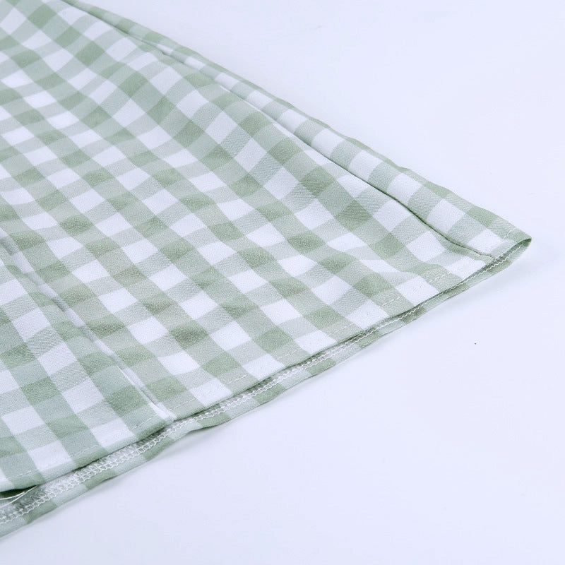 Square neck puff sleeve plaid dress women