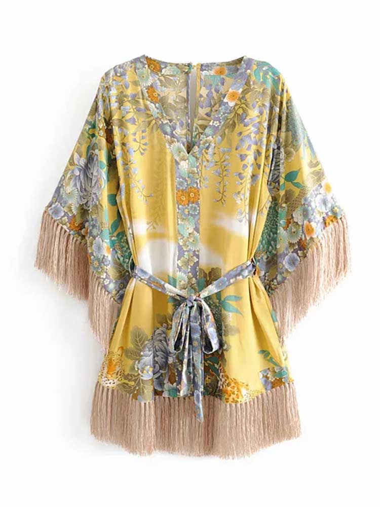 Women Fringe V-Neck Kimono Dress