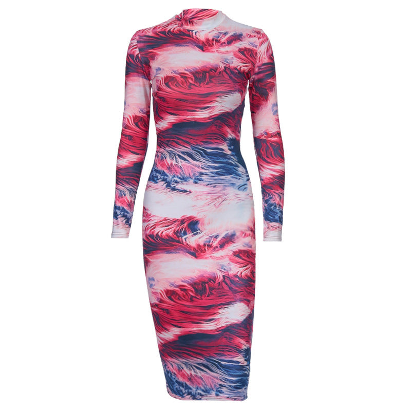 Printed Long Sleeve Round Neck Dress