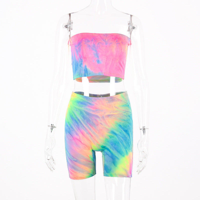 Tie-dye suit two-piece tube top shorts