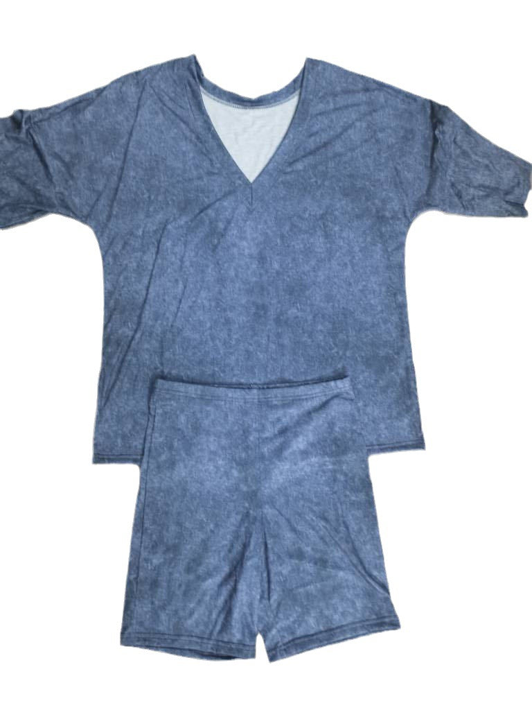 Women's V-Neck Denim-like Short-sleeved T-shirt Casual Shorts Suit