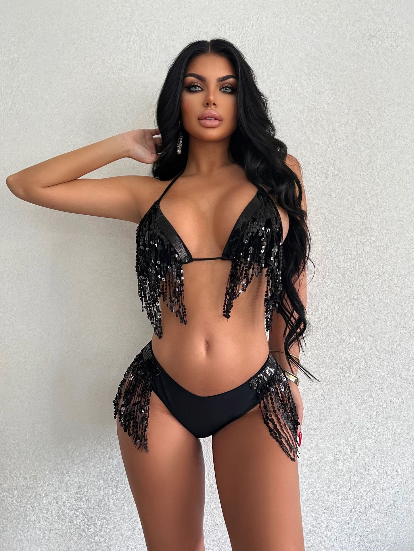 Women's Black Paillette Tassel Bikini Ball Party Costume