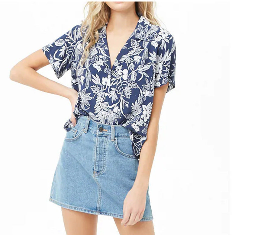 Summer short sleeve lace print shirt