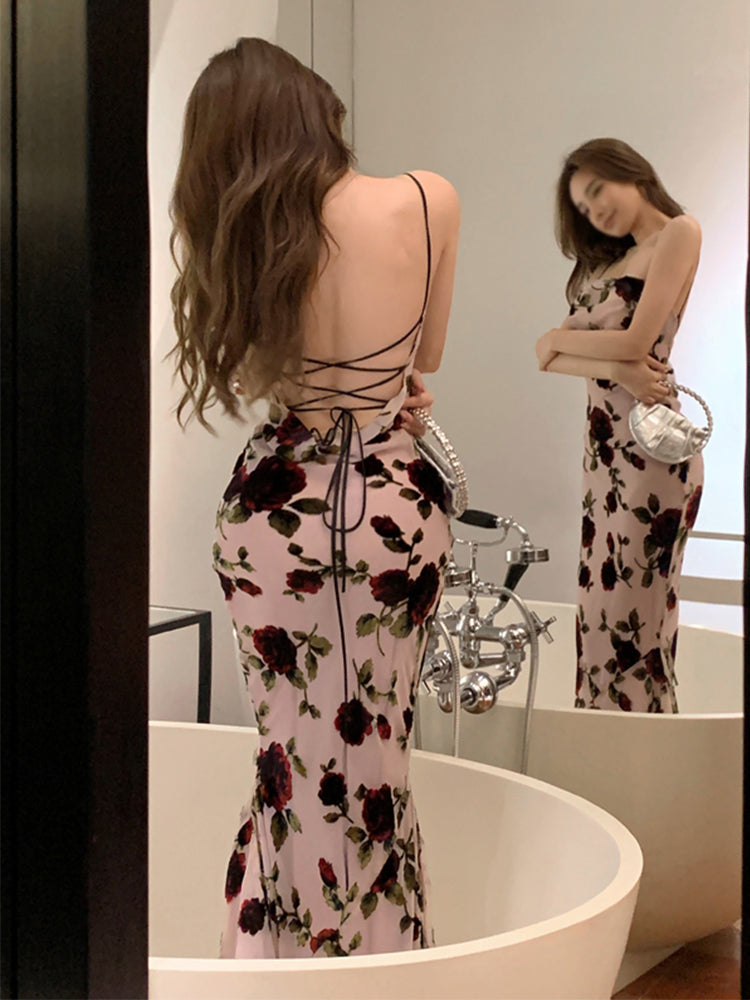 Women's Backless Rose Suspender Dress