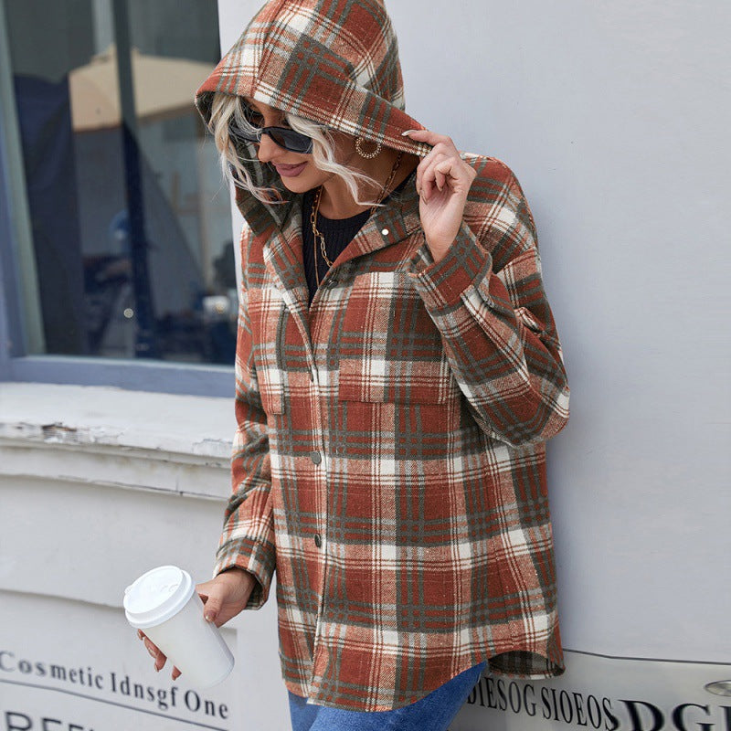 Loose Casual Long-sleeved Single-breasted Check Hooded Jacket