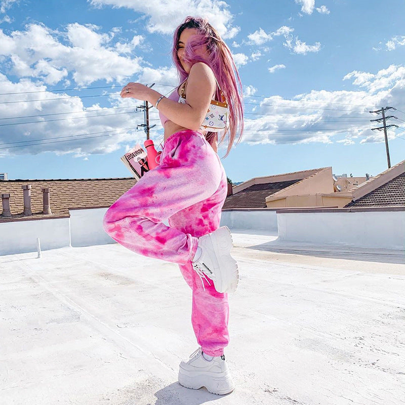 Women's Elastic High Waist Tie Dye Rainbow Slim Casual Pants