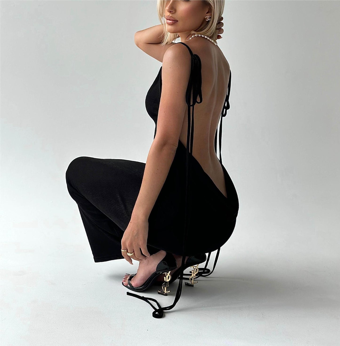 Sexy Bare Back Dress Summer Camisole Gown Lace-up Long Dress