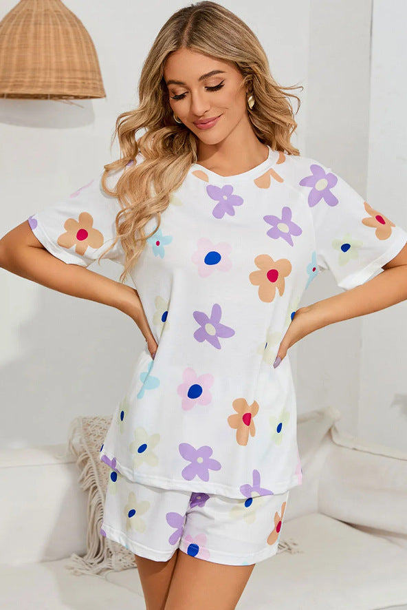 New Lady's Flower Printed Short-sleeved Shorts Suit Home Wear