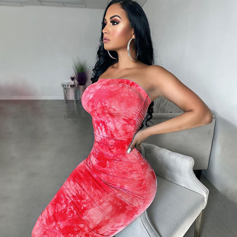 One-shoulder tube top print dress
