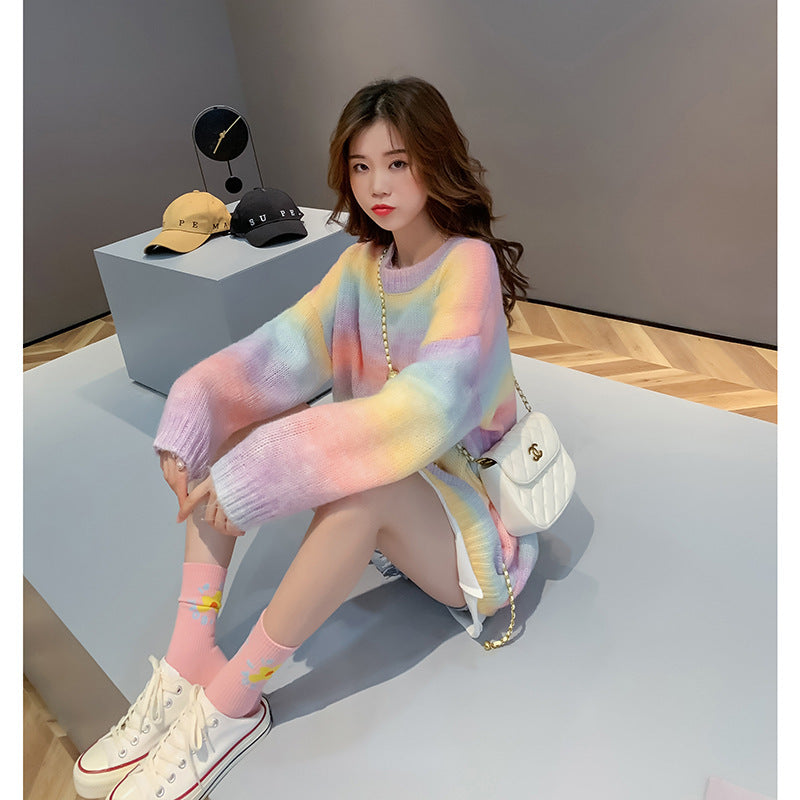 Striped sweater women's Pullover rainbow crew neck