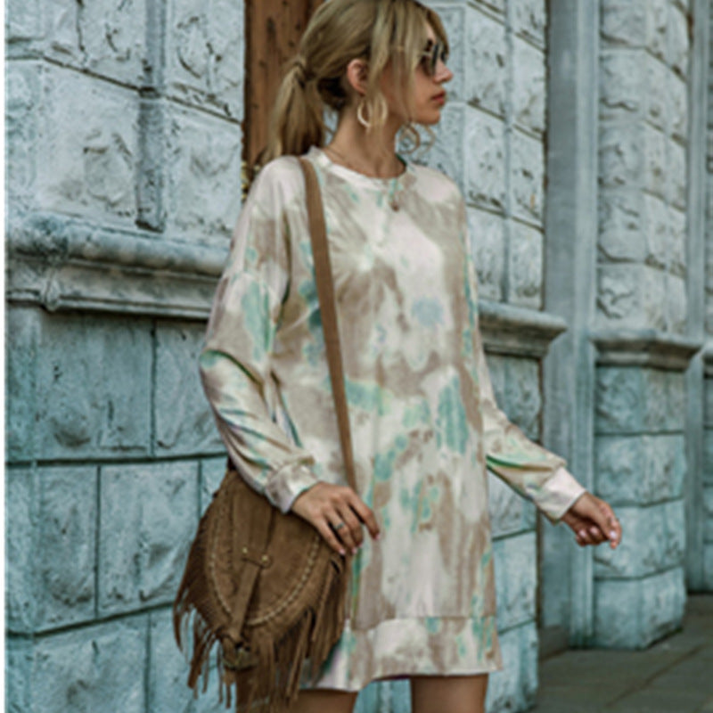 Women's Fashionable Knitted Sweater Long Sleeve Tie-dye Dress