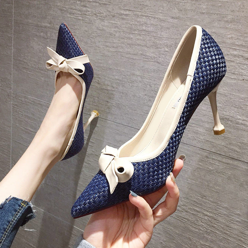 Women's Leather Bow Stiletto Pointed High Heels
