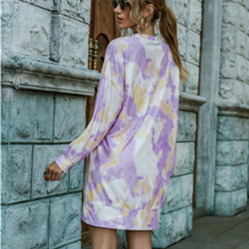 Women's Fashionable Knitted Sweater Long Sleeve Tie-dye Dress