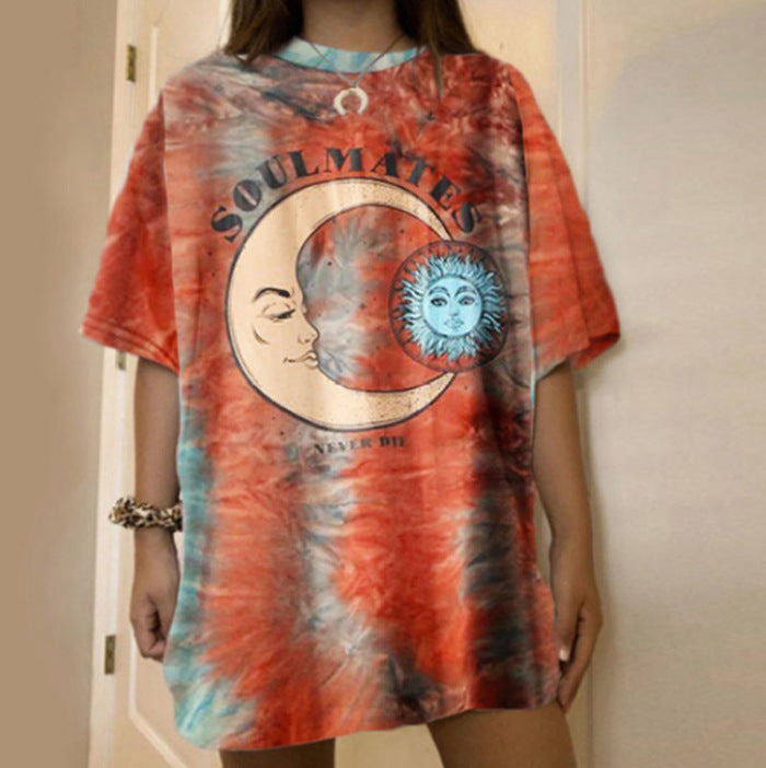 Casual Round Neck Short Sleeve Printed Tie-dye Pullover Women's T-shirt