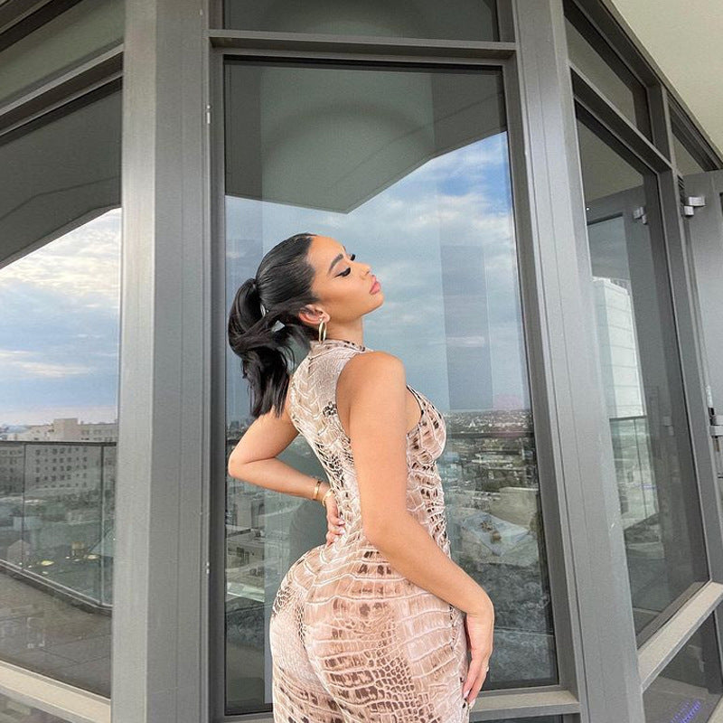 Snake Print Sleeveless V Neck High Waist Hip Raise Jumpsuit