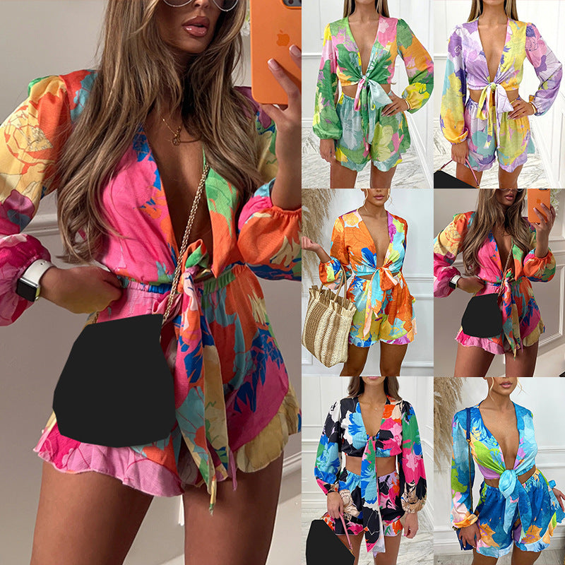 Temperament Print Cardigan Top Shorts Fashion Casual Suit