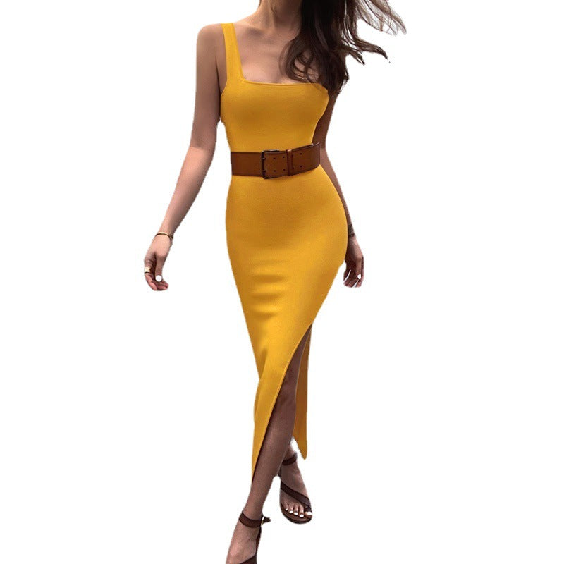 Women's Elegant Square Neck Vest Slit Long Slim Dress