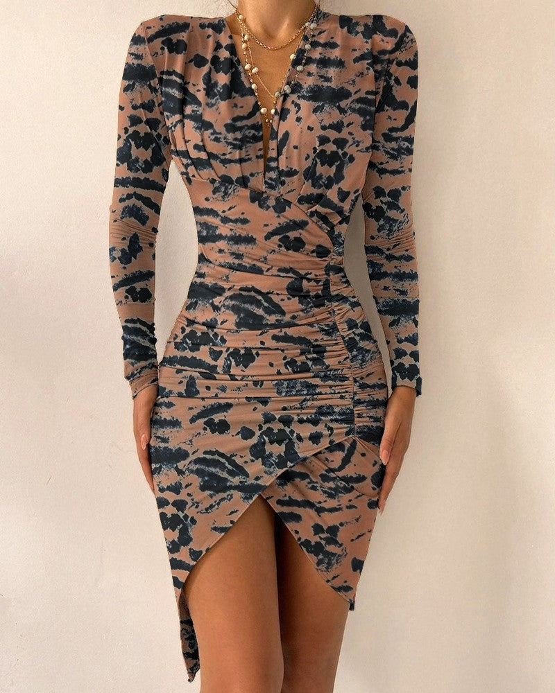 Long Sleeve V Neck Printed Skinny Slit Dress Women's