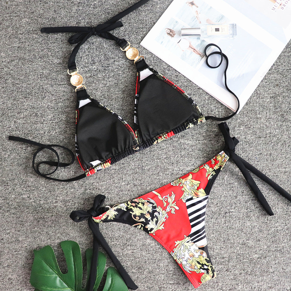 Metallic print strappy bikini