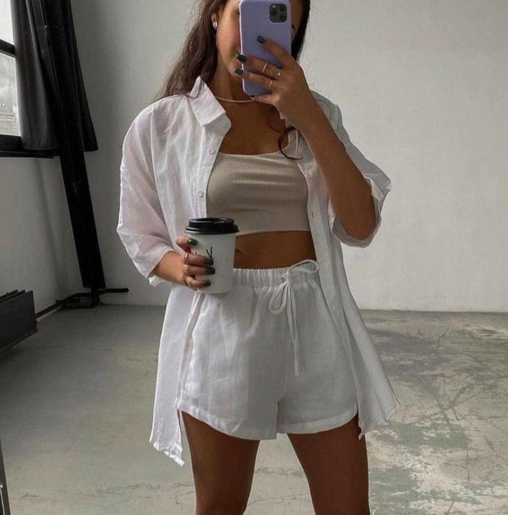 Single Button Short Sleeve Shirt Shorts Suit