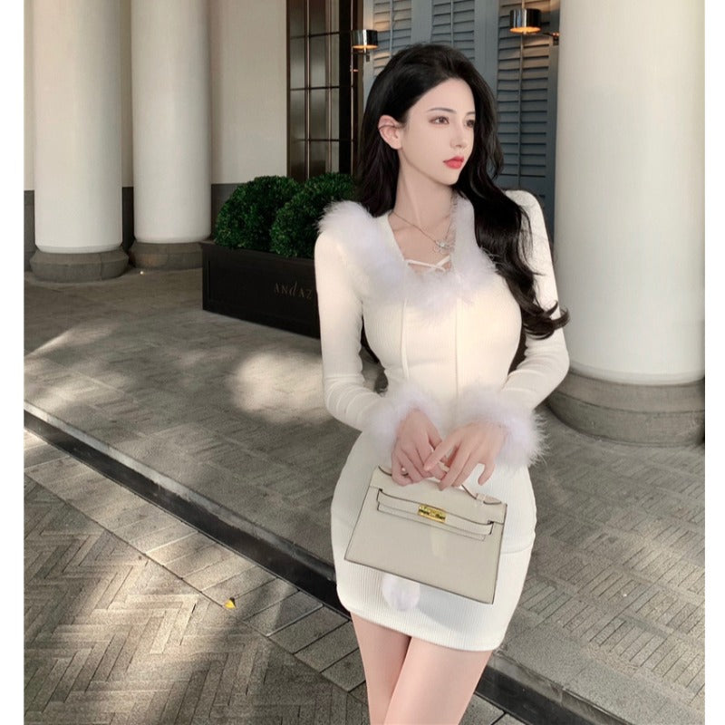 Slim-fit Fur Collar Hooded Bottoming Knitted Bag Hip Skirt