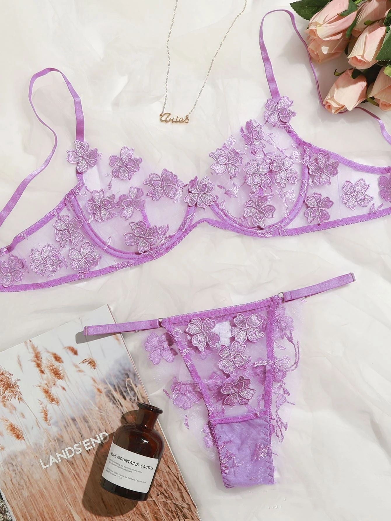 European And American Underwear Set Sexy Sweet Mesh Embroidered Flower Applique