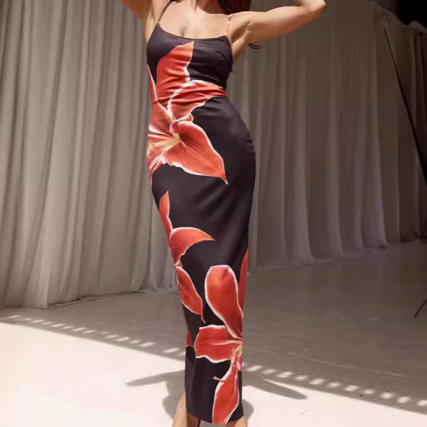 Women's Summer Fashion Suspenders Slim-fit Slit Hip-wrapped Floral Dress