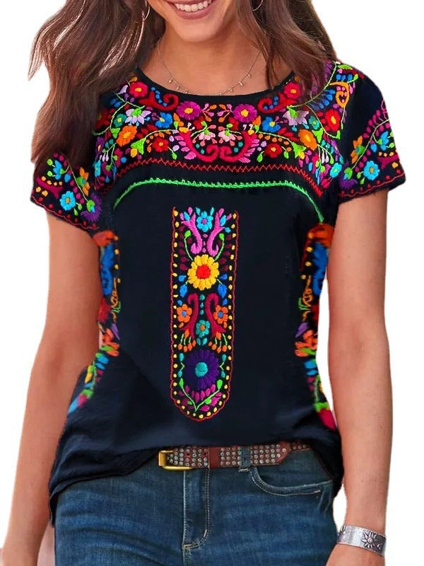 Women's Bohemian Print Round Neck Short Sleeve T-shirt Top
