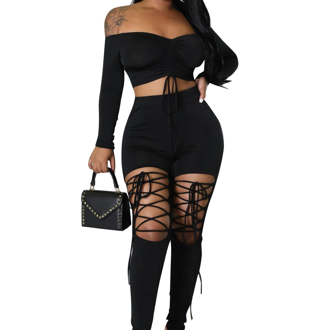 Europe And The United States Women's Solid Color Backless Strapless Drawstring Straps Two-piece