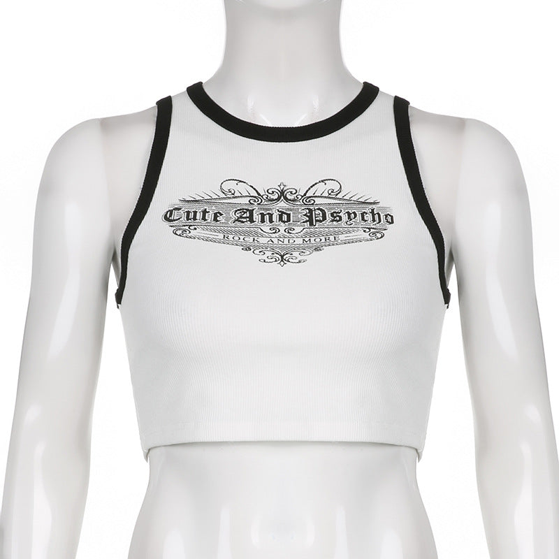 Alphabet Print Contrast Cropped Navel Slim Tank Top