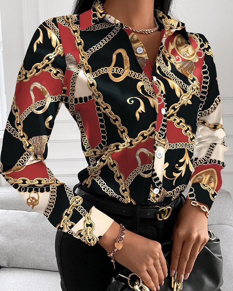 Loose Long Sleeve V Neck Button Print Shirt Women
