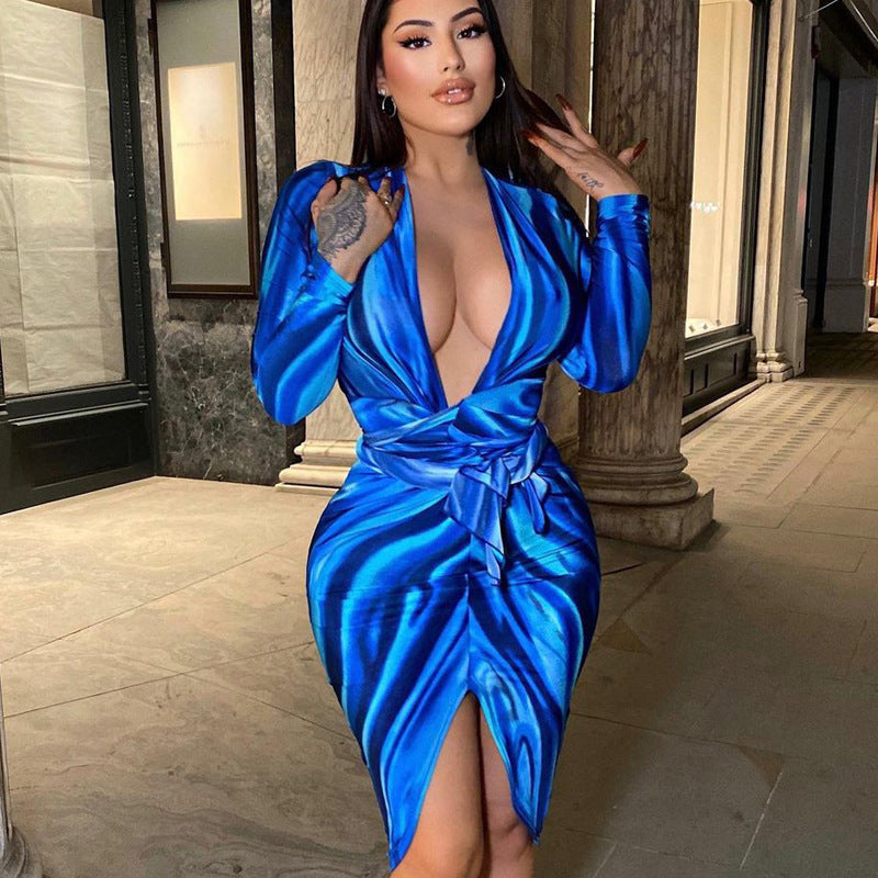 Women's Fashion Print V-Neck Tie Long Sleeve Slim Dress