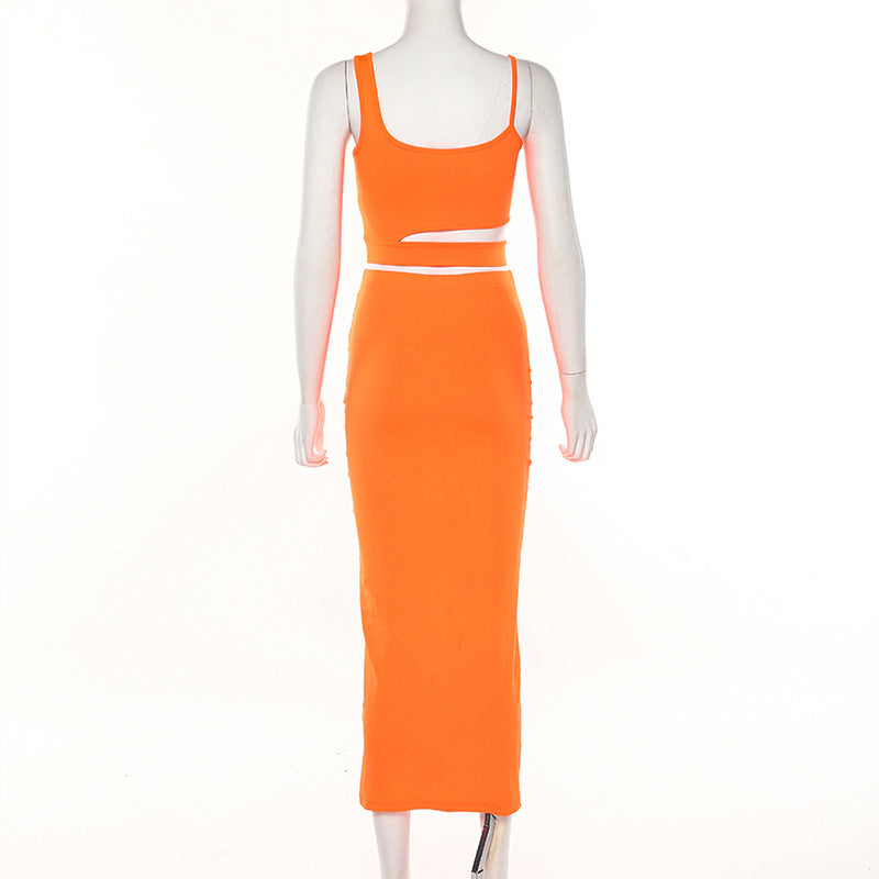 New women's sling round neck hollow two-piece skirt