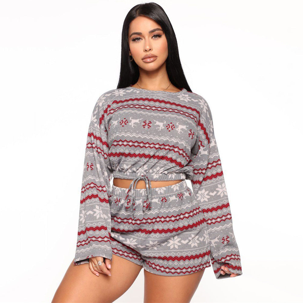Two-piece Christmas Printed Long Sleeve Shorts
