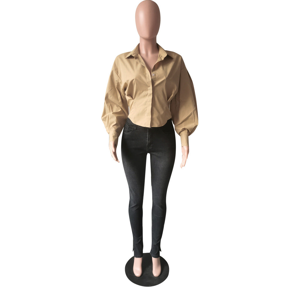 Fashion slim temperament solid color lantern sleeve shirt