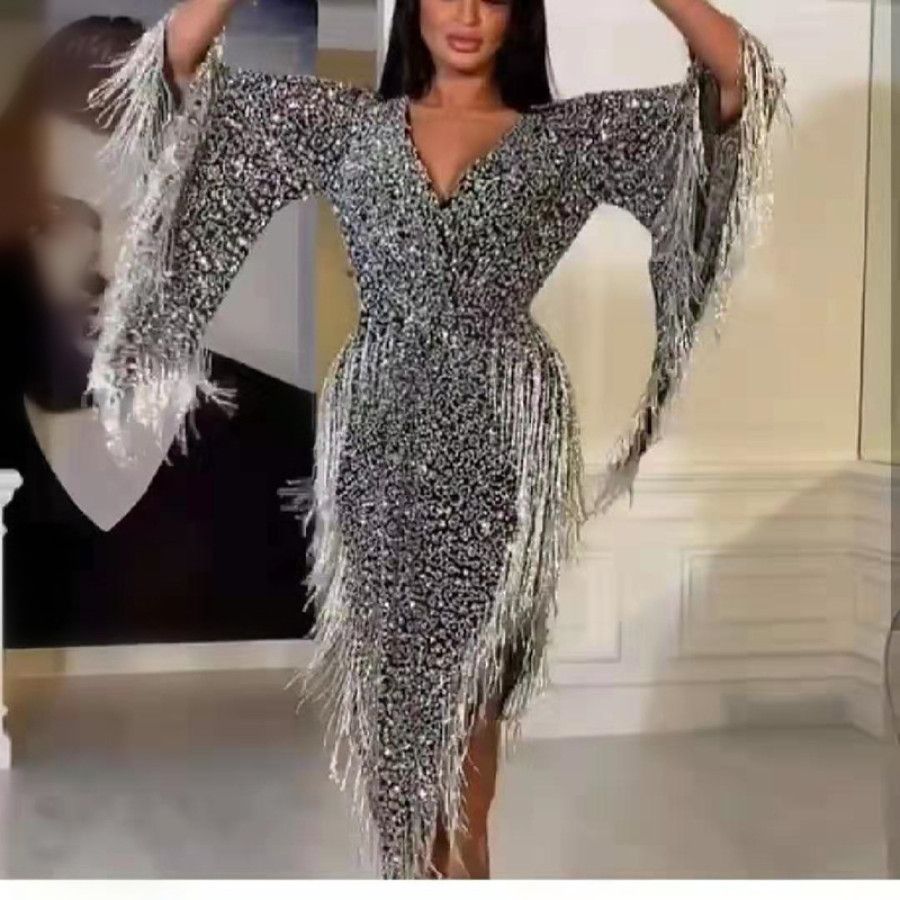 Shiny Long-sleeved Fringed Deep V Belt Dress Skirt Dress Women