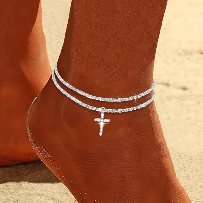 Female Fashion Cross Double-circle Anklet